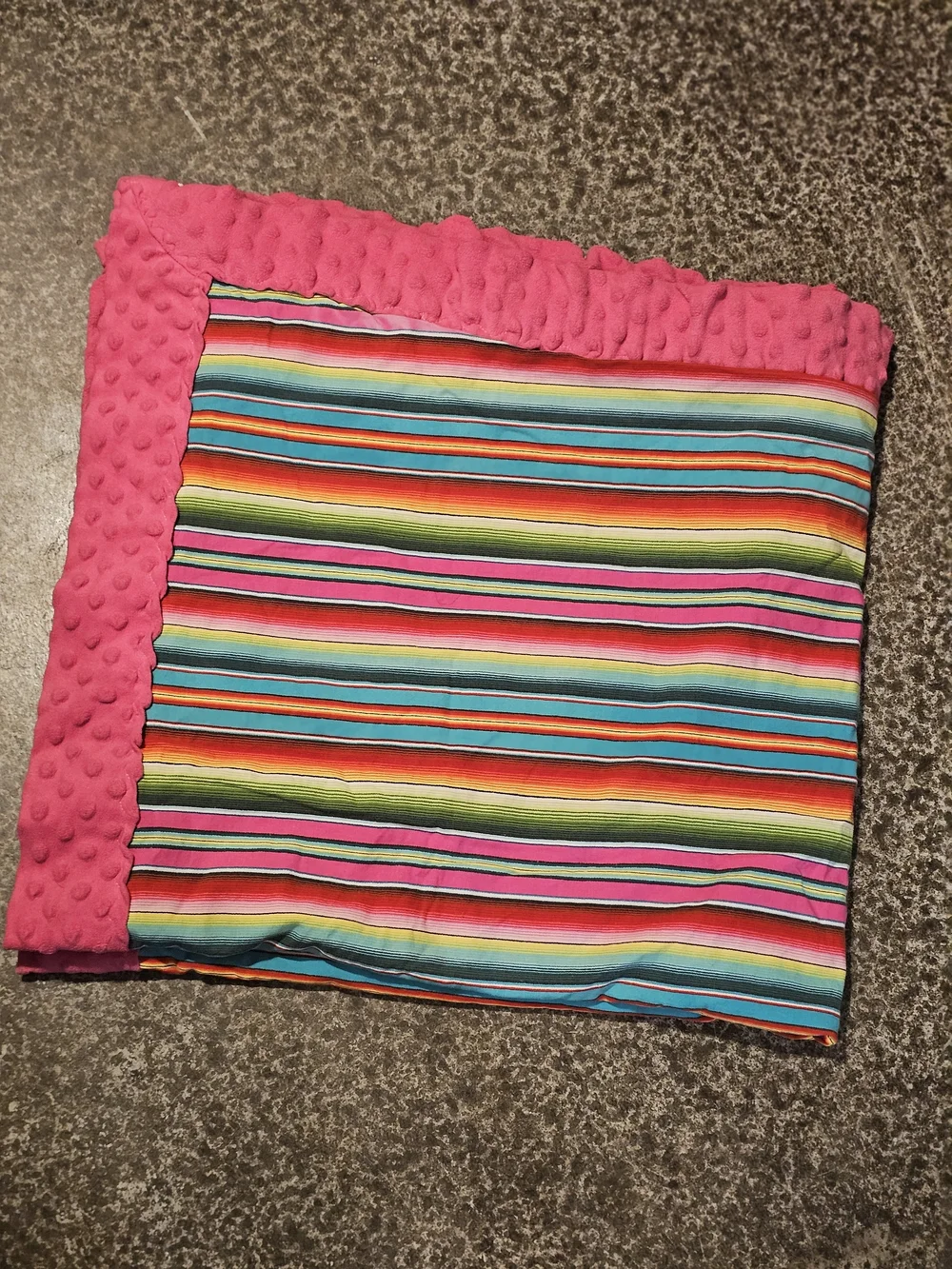 Vibrant Multicolor Striped Throw with Hot Pink Minky Border